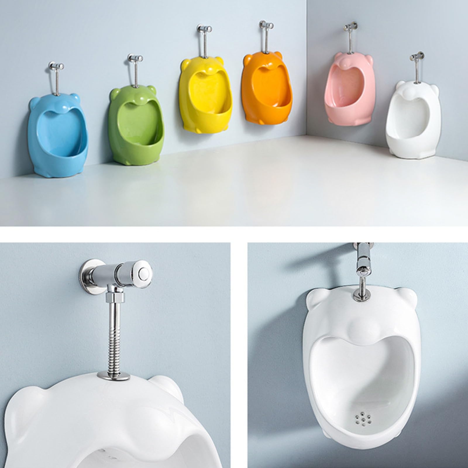 Orinal infantil montado en la pared con válvula de descarga manual, diseño antisalpicaduras, esencial para entrenamiento de inodoro para niños