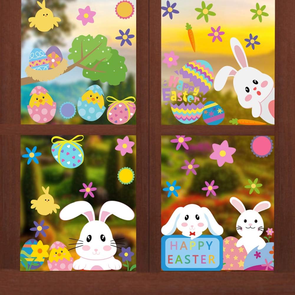 VEYLIN 6 Sheets 100Pcs Cute Easter Window Clings, Colorful Eggs Bunny Window Sticker Decoration for Easter Party
