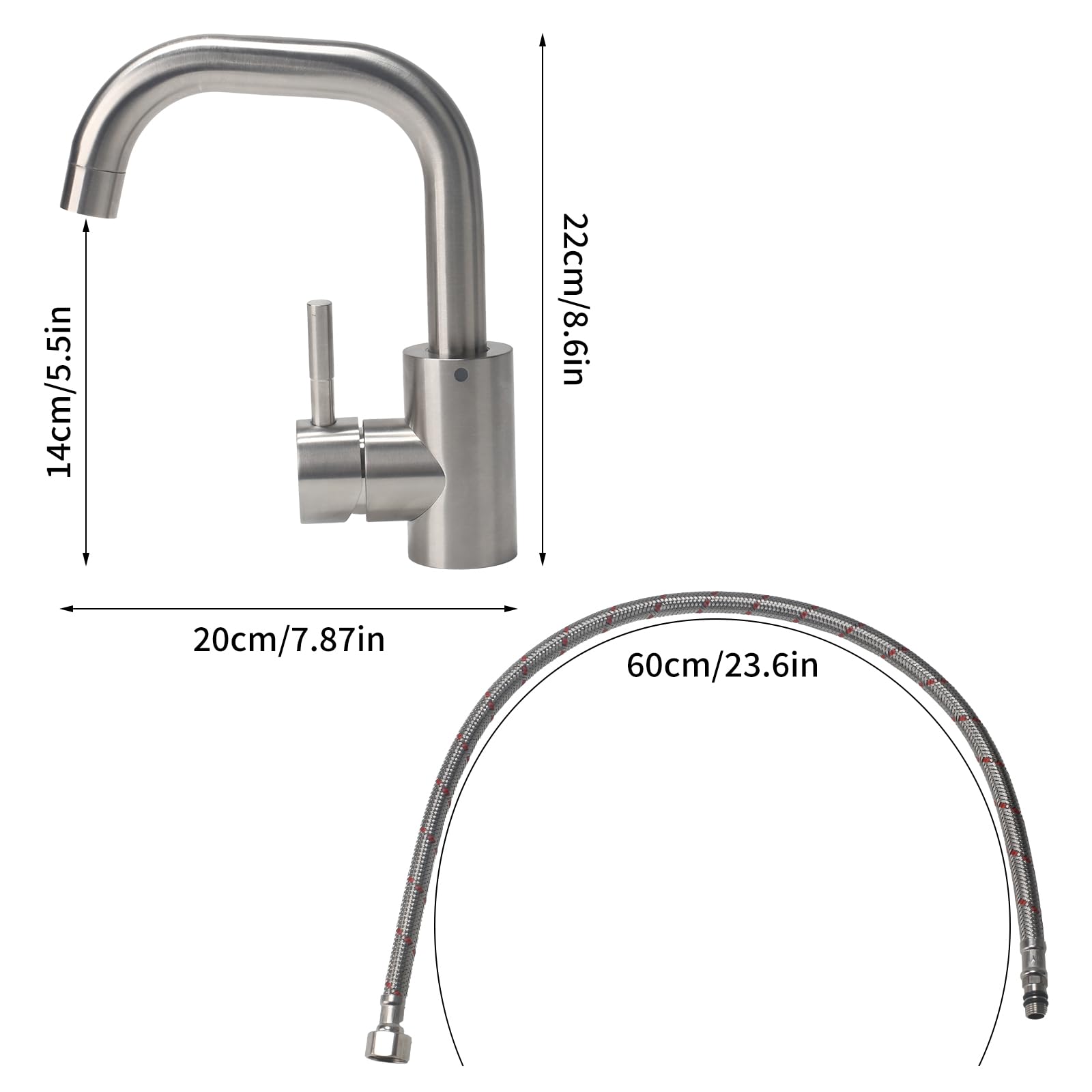 Mitigeur Cuisine Acier Inoxydable, Robinet Salle Bain Pivotant à 360°, Robinet Lavabo avec Tuyau, Robinets Lave Main pour Salle de Bain ou Petite Cuisine (Couleur Brossée)
