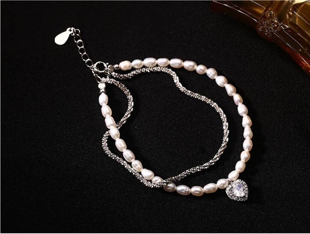 Silber Armband Damen 925,925 Sterling Silber Armband Glänzende Herzperle Doppelschicht Freundschaftsarmband Einstellbare Romantische Schmuckgeschenke Für Frau Freundin Zum Geburtstag
