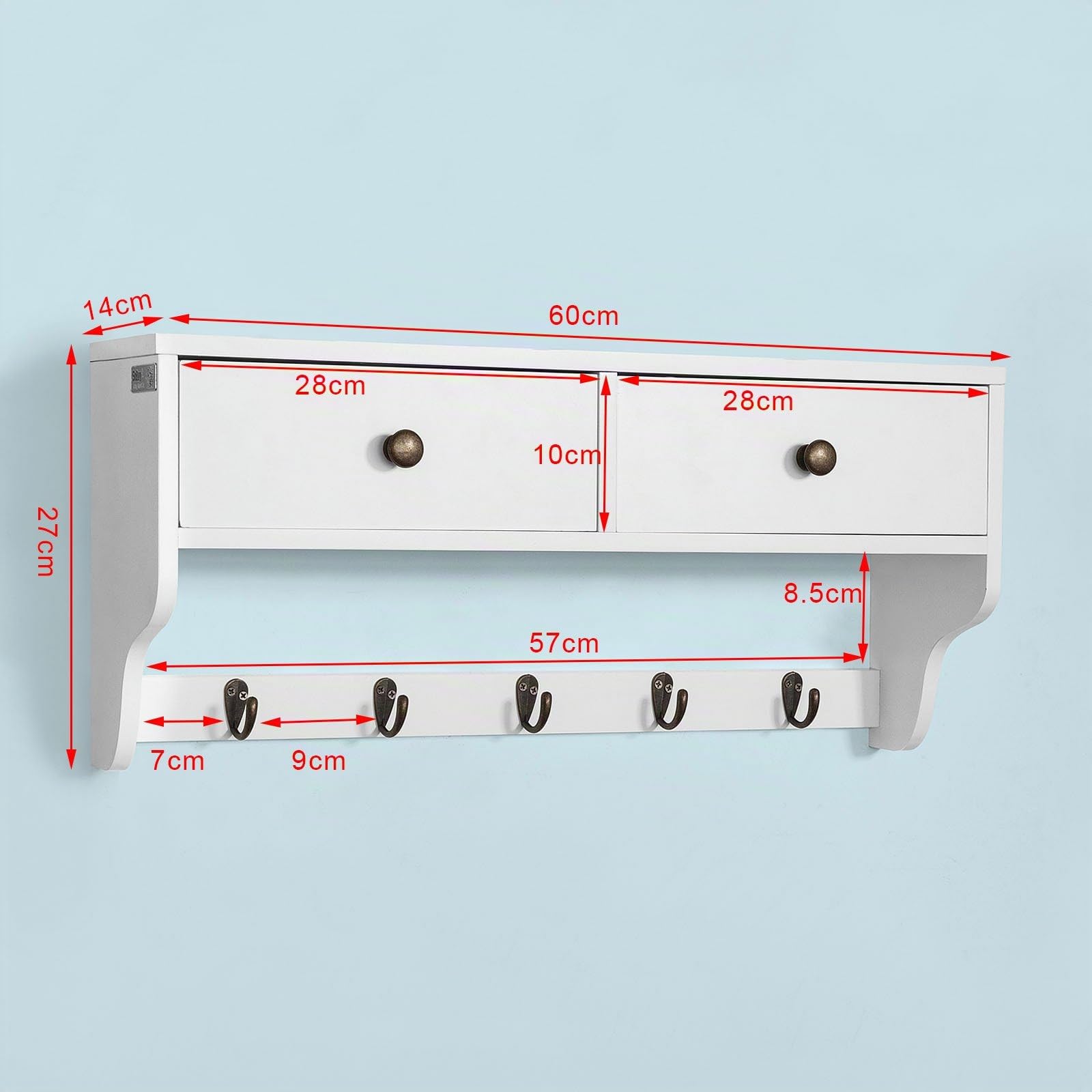 SoBuy Portachiavi da parete con 5 ganci 60x14x27cm per ingresso | Appendini da muro in MDF con 2 cassetti e 5 ganci, carico 5kg per ripiano, bianco FRG178-W