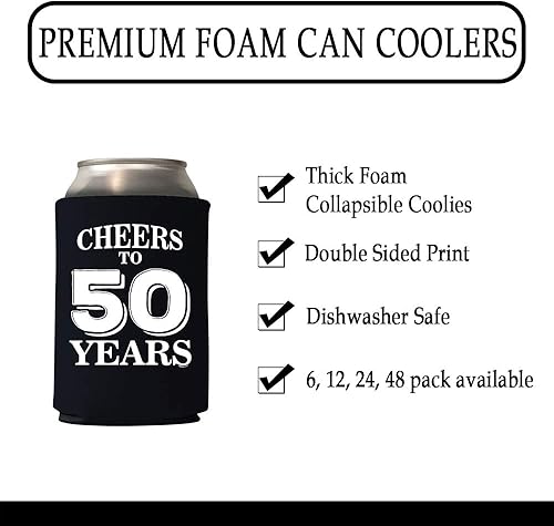 Miniatura 2 de Cheers to 50 Years Ququth Birthday Gift 50 Years Fifty and Fabulous Party Favors Decor Can Coolie Holder (negro, 6)
