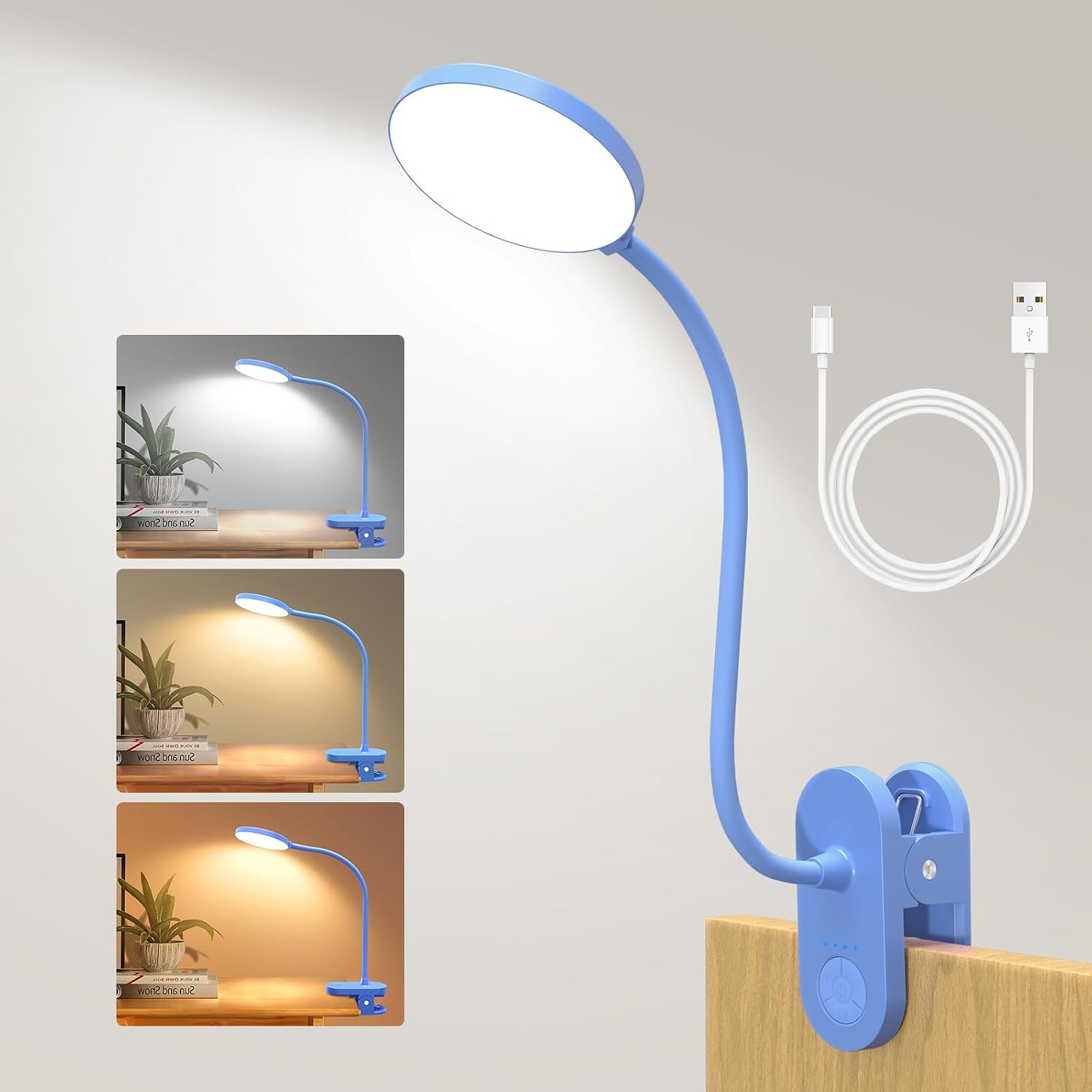 Rechargeable Desk Lamp with Clamp, 97 LED Eye-Care Table Light for Kids Bedroom with 3 Color & 10 Brightness, Cordless Clip on Lamp for Bed Book Reading Crafting Drawing Gaming Puzzle (Blue/4.7'')