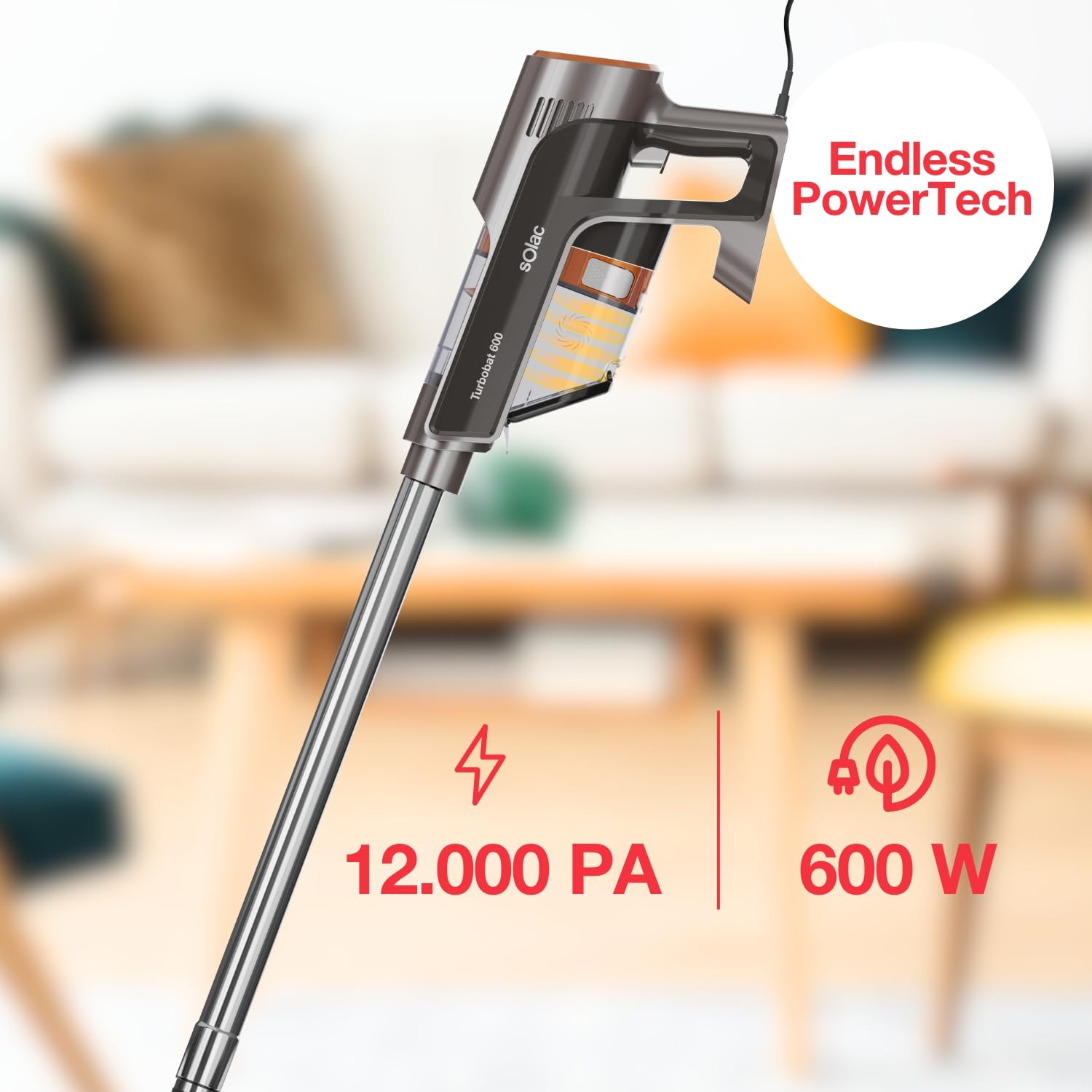 Solac - Aspirador Escoba Turbobat 600 | Potencia 12Kpa | Endless Powertech | Triple Sistema de filtrado ciclónico | Metal Mesh y HEPA | Depósito 800ml | Fácil Manejo | Accesorios Incluidos