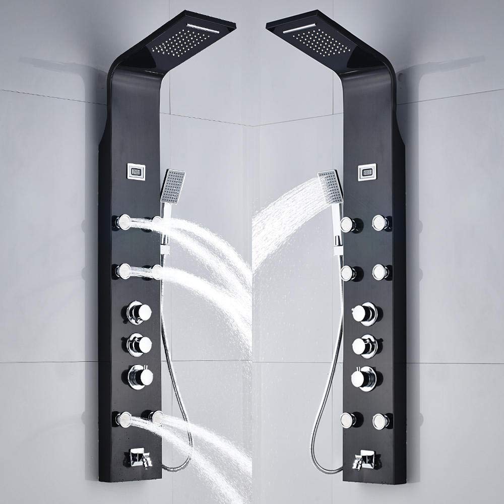 Baño termostático Grifo de ducha Panel de ducha Columna Bañera Mezclador Grifo con ducha de mano con estante 5 funciones-Negro