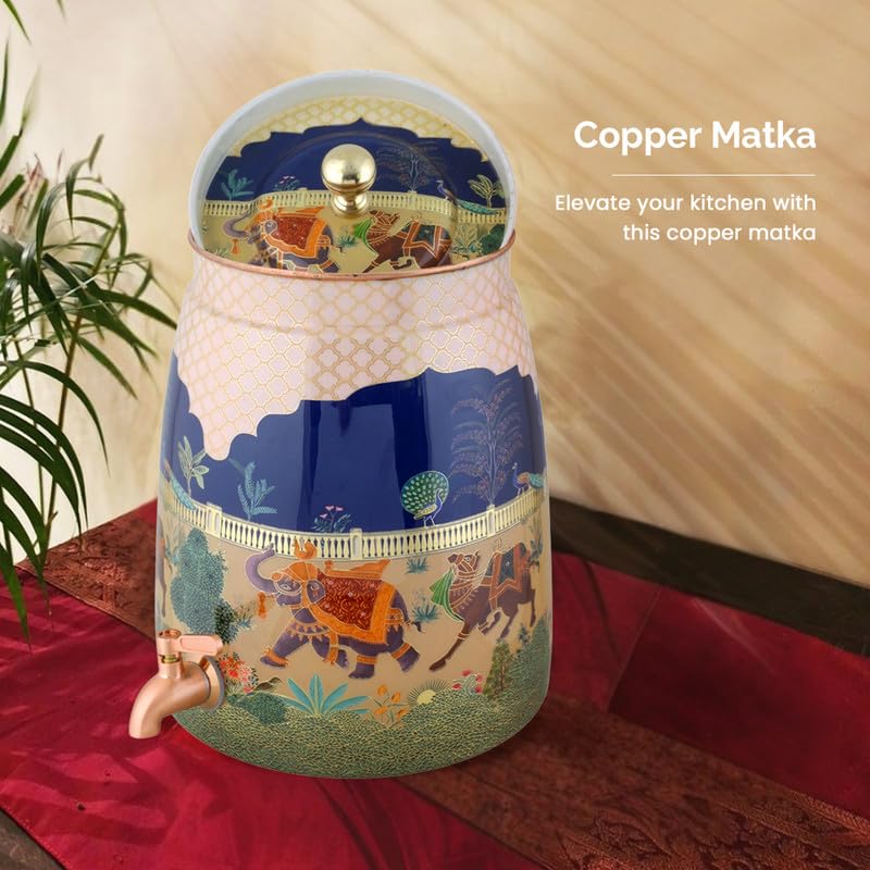 Image of VIP Copper Matka | Decorative Drinking Water Pot with Tap | Beautiful Printed Design | Healthy Storage for Home & Kitchen | Large 9 L Capacity