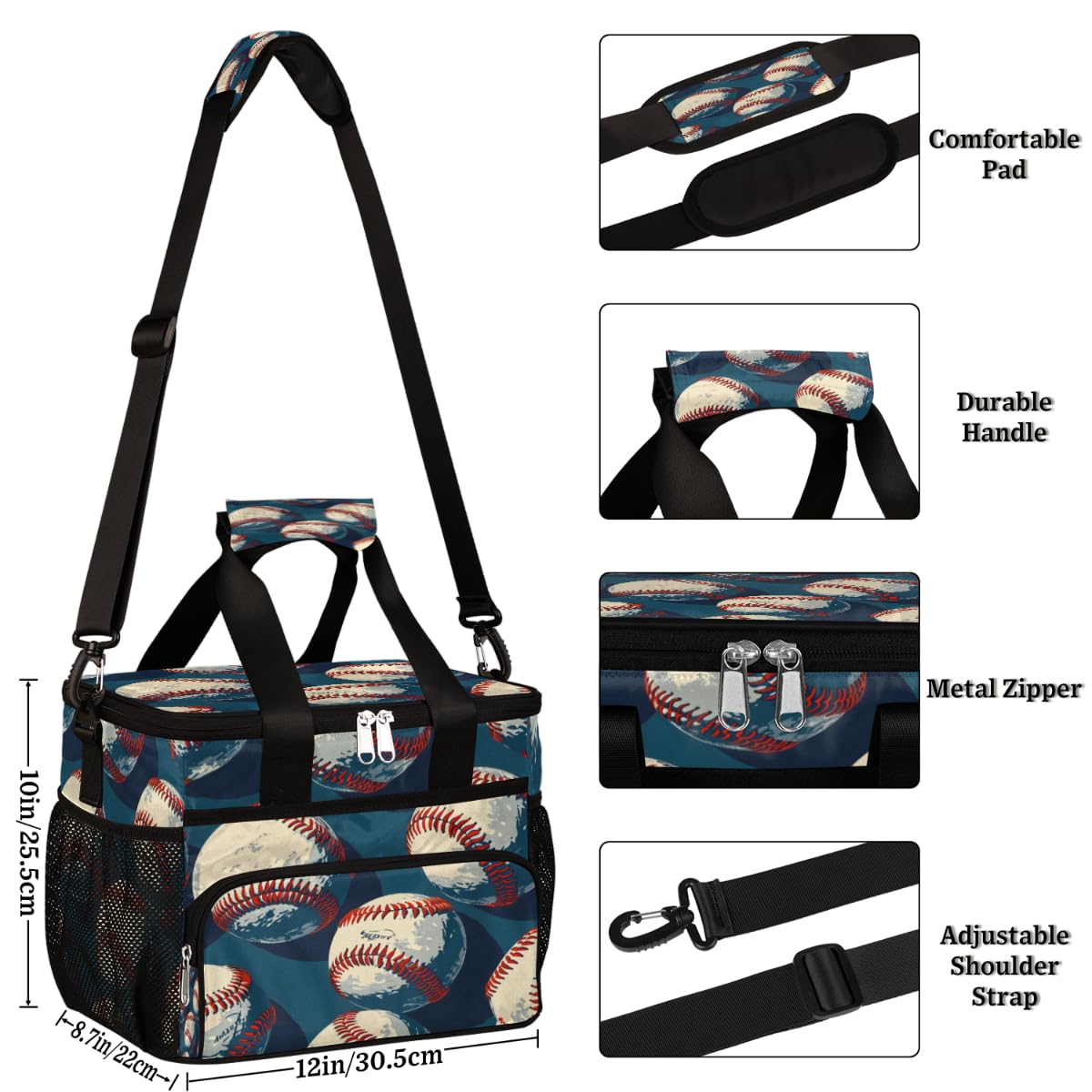 Insulated Picnic Backpack Lunch Box for Women Men Picnic Basket Tote Lunch Bag Picnic Bag Portable Lunch Bags for Picnic, Beach, Work, Trip,Office, Camp Baseballs White