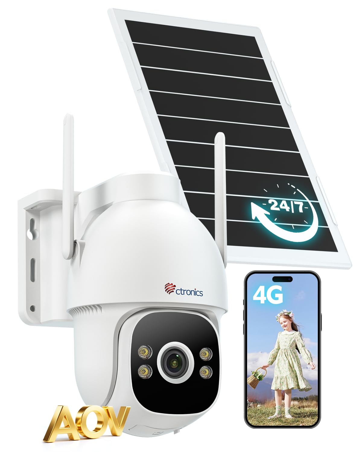 Ctronics Camara Vigilancia AOV Grabación 24/7, Camara Solar 4G con Panel Solar de 8W y Batería de 15600 mAh, Detección de Personas Hasta 30 m y Seguimiento Automático, Cámara PTZ con Tarjeta SIM, IP66