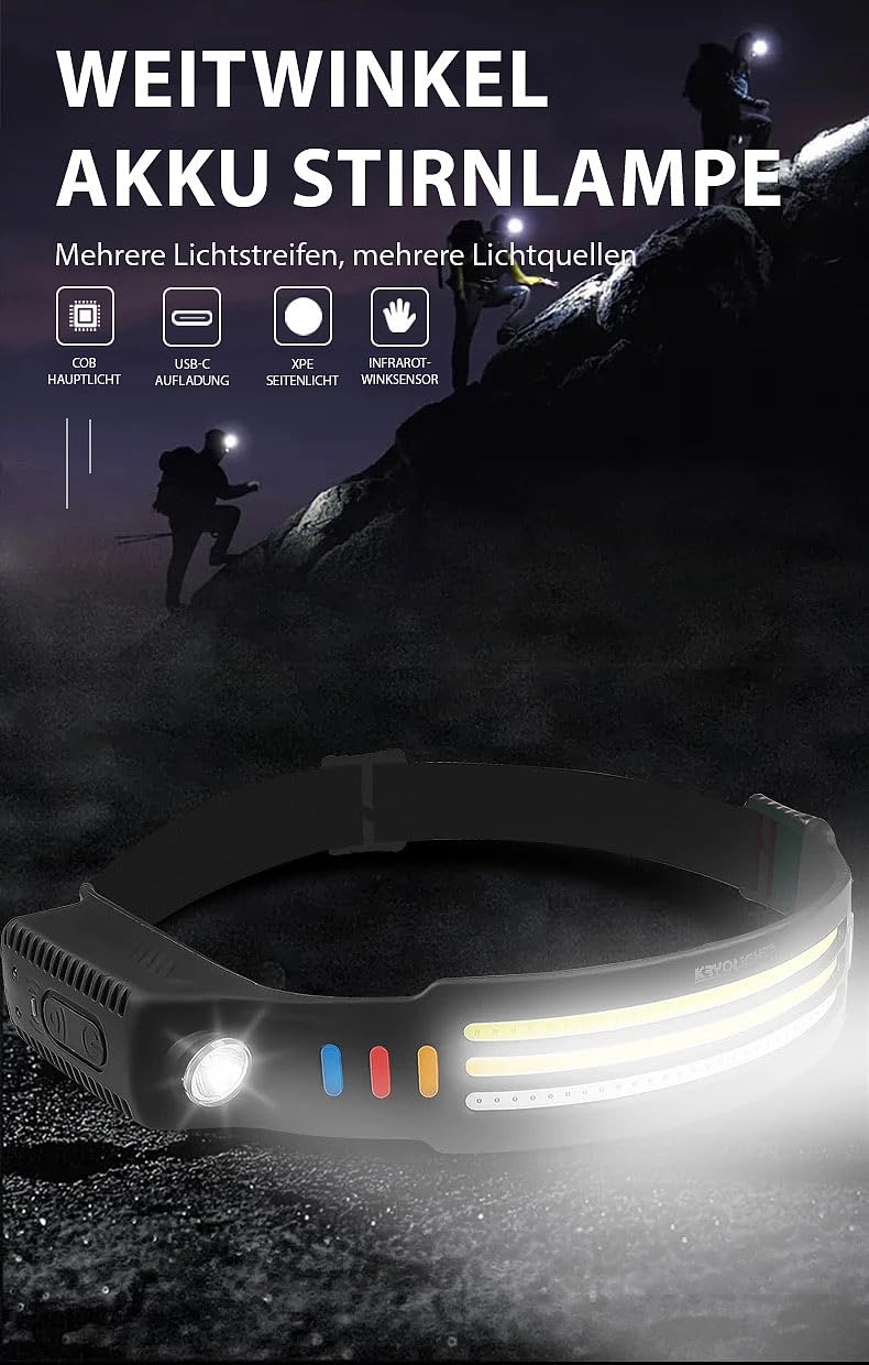 Accu Stirnlampe: 4er-Set Akku-Stirnlampen & Flutlichter, 3 SMD-COB-LED-Bänder, 3.000 lm (Stirnlampe LED rot, LED-Stirnlampe aufladbar USB, Arbeitsleuchte)