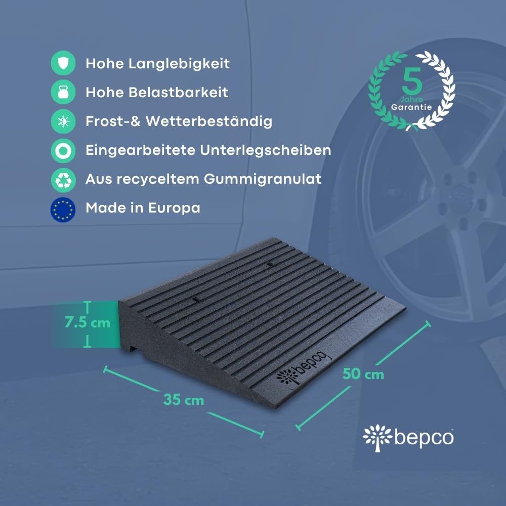 bepco Premium Schwellenrampe - Auffahrrampe, Rollstuhlrampe aus recycltem Gummi, mit eingelagerten Unterlegscheiben (ohne Befestigung, 50 x 35 x 7,5 cm)