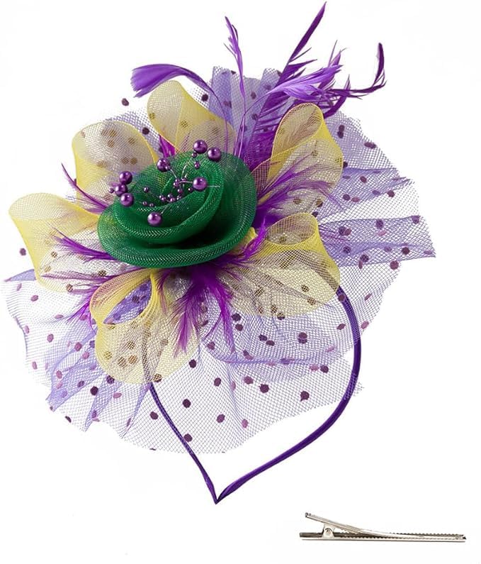 Mardi Gras Fascinators for Women Tea Party Headband Wedding Cocktail Flower Mesh Feathers Hair Clip Purple Yellow Green Hair Accessories Halloween - Image 9