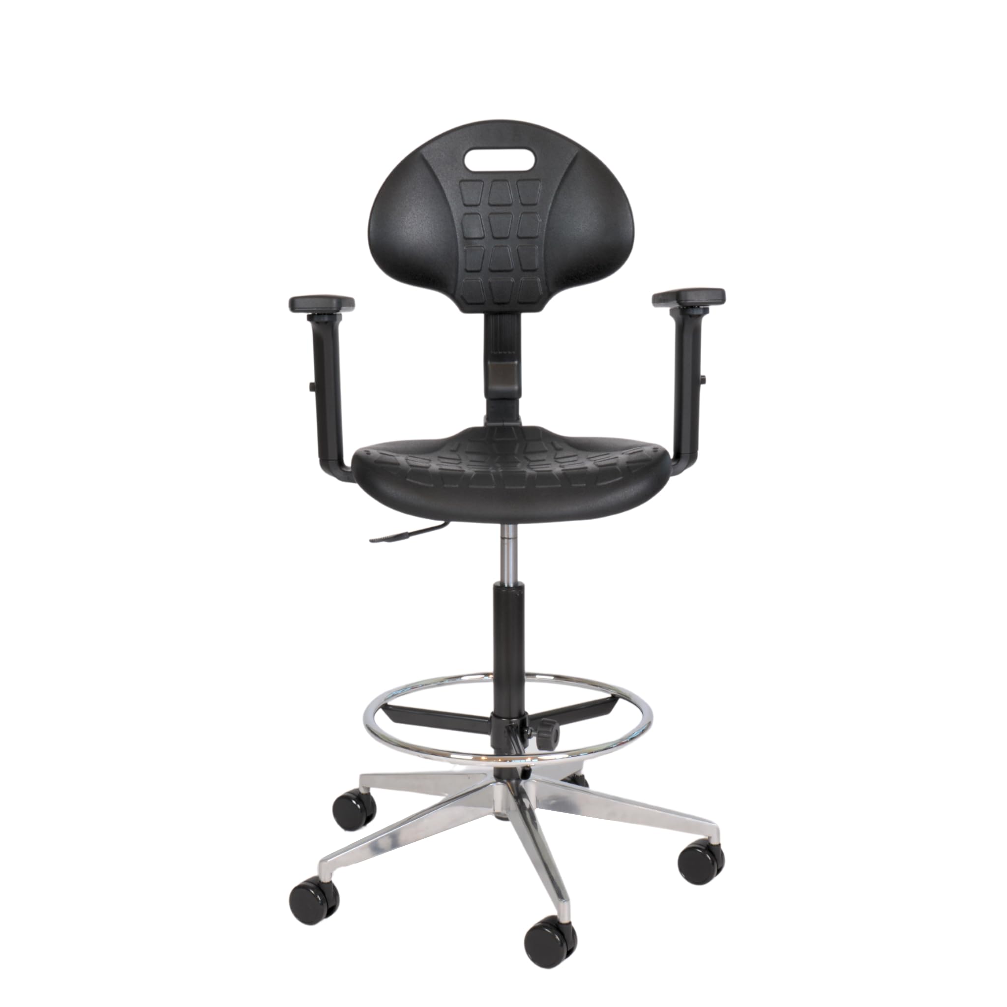 Topsit IND010102+AL - Silla de trabajo de poliuretano con reposabrazos, altura regulable y respaldo ajustable, base de aluminio resistente, reposapiés ajustable, ruedas de 65 mm