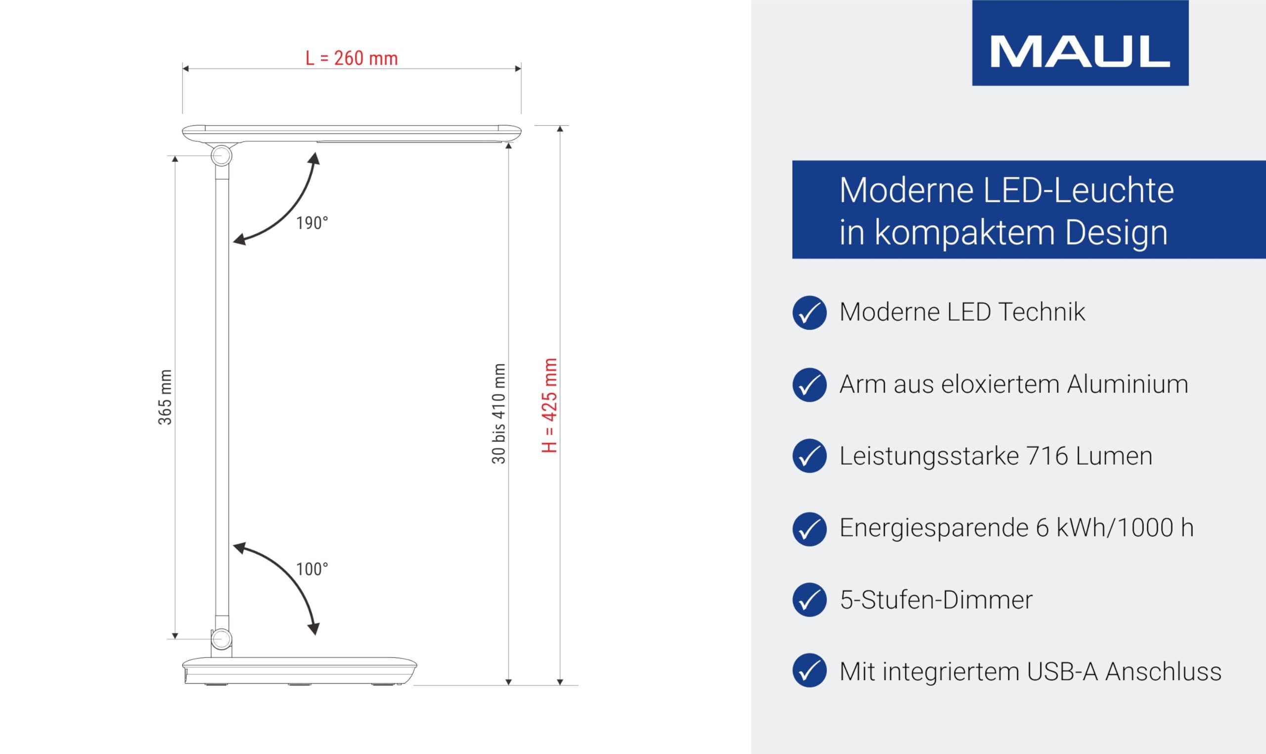 MAUL LED Schreibtischlampe MAULjazzy weiß dimmbar mit USB Touchfeld | flexibel ausrichtbar, neutralweißes Arbeitslicht, 5 Helligkeitsstufen, praktische Ladefunktion, stabiler Standfuß