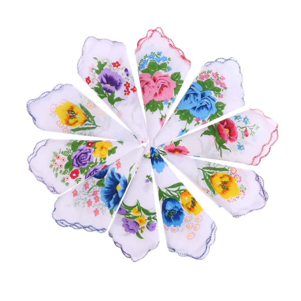 HEAVENGLOW 10Pcs Women 100% Cotton White Handkerchiefs Assorted Colourful Flowers GiftCollectibles|10 X Mixed Hankerchiefs (5 Different Beautiful Fl-image-35