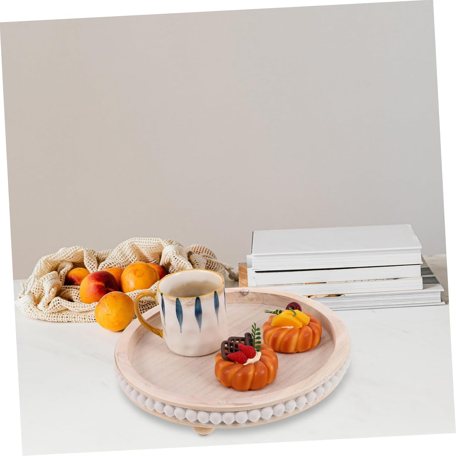 Elegant French Vintage Round Wooden Tray Rustic Decorative Centerpiece for Coffee Table Kitchen Counter Dining Table Bead Design for Farmhouse Decor