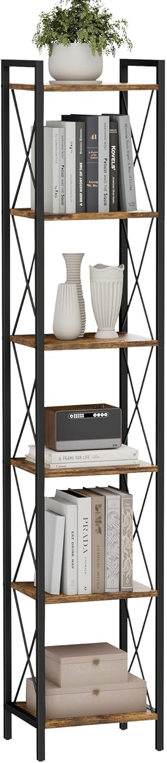 Homhedy 6 Tier Bookshelf, Tall Narrow Bookcase for Small Space, Metal Storage Book Shelf, for Home Office, Living Room, Kitchen, Bedroom, Industrial Style, 10.4" D x 13" W x 67.4" H, Rustic Brown