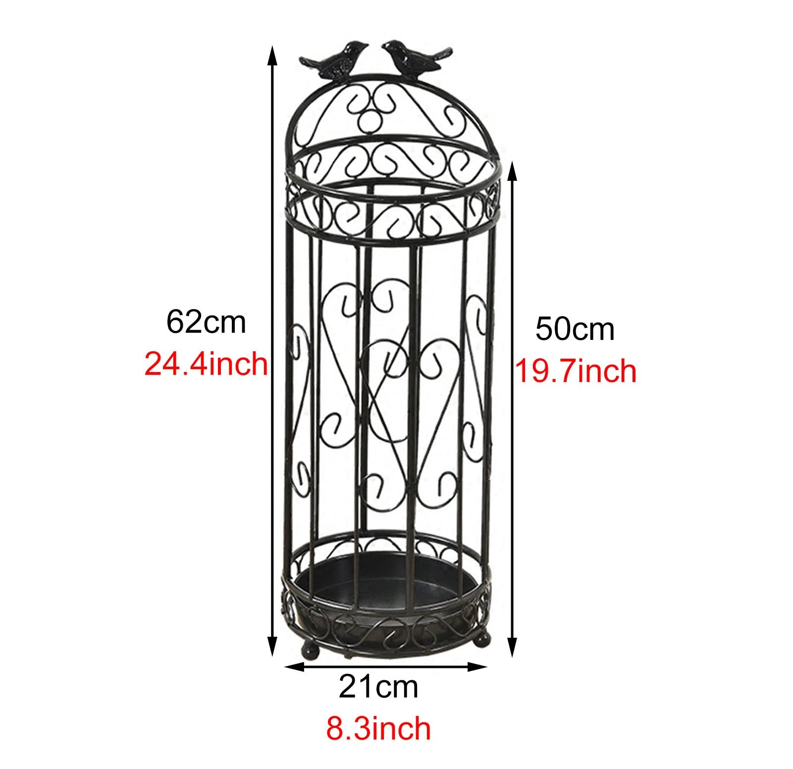 Porte-parapluie vertical Supports antiques noirs avec décor d'oiseaux, porte-parapluie de porte d'entrée de couloir d'angle rond en métal, 62cm/ 25 pouces de haut