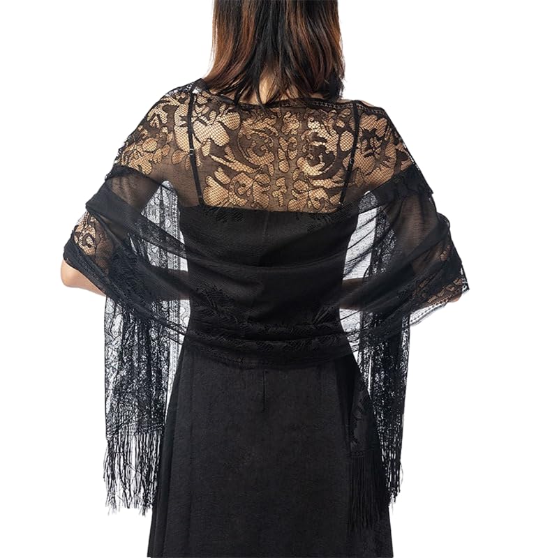 Sup-Coente Victorian Lace Shawls Wraps for Women Vintage Floral Fringe Sheer