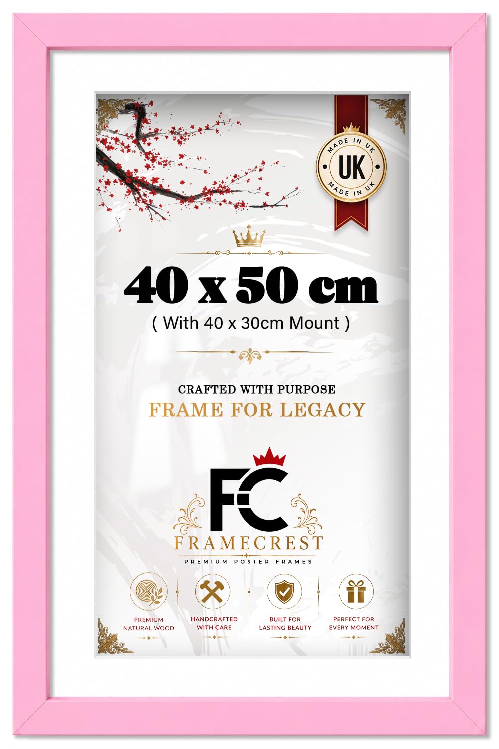 FRAMECREST LTD 40 X 50 CM Picture Frame With 40 X 30 CM White Mount For Prints, Slim Profile For Wall Display, Gallery Wall Ready, Suits Home Office Interiors, Contemporary - [Pink]