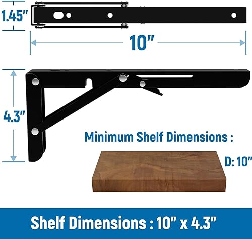 Miniatura 2 de LEOPO Soportes plegables para estantes de 10 pulgadas, paquete de 2 soportes plegables triangulares plegables para montaje en pared para mesa