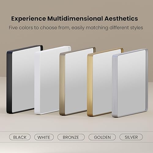 Miniatura 212 de Espejo de baño dorado, 48 x 30 pulgadas, espejo de marco de metal dorado cepillado para pared, espejo rectangular redondeado de tocador de baño