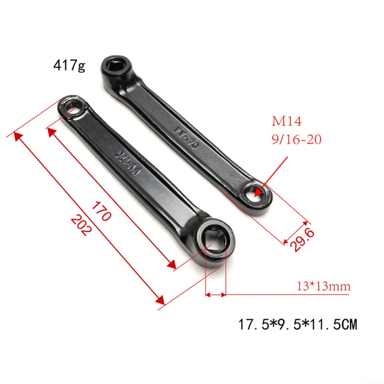1 paio di pedivelle per cyclette da 170 mm, in ferro, con foro rombico sinistro e destro, per pedale filettato M14, ricambio per fitness, casa, palestra, colore nero (manovella sinistra)
