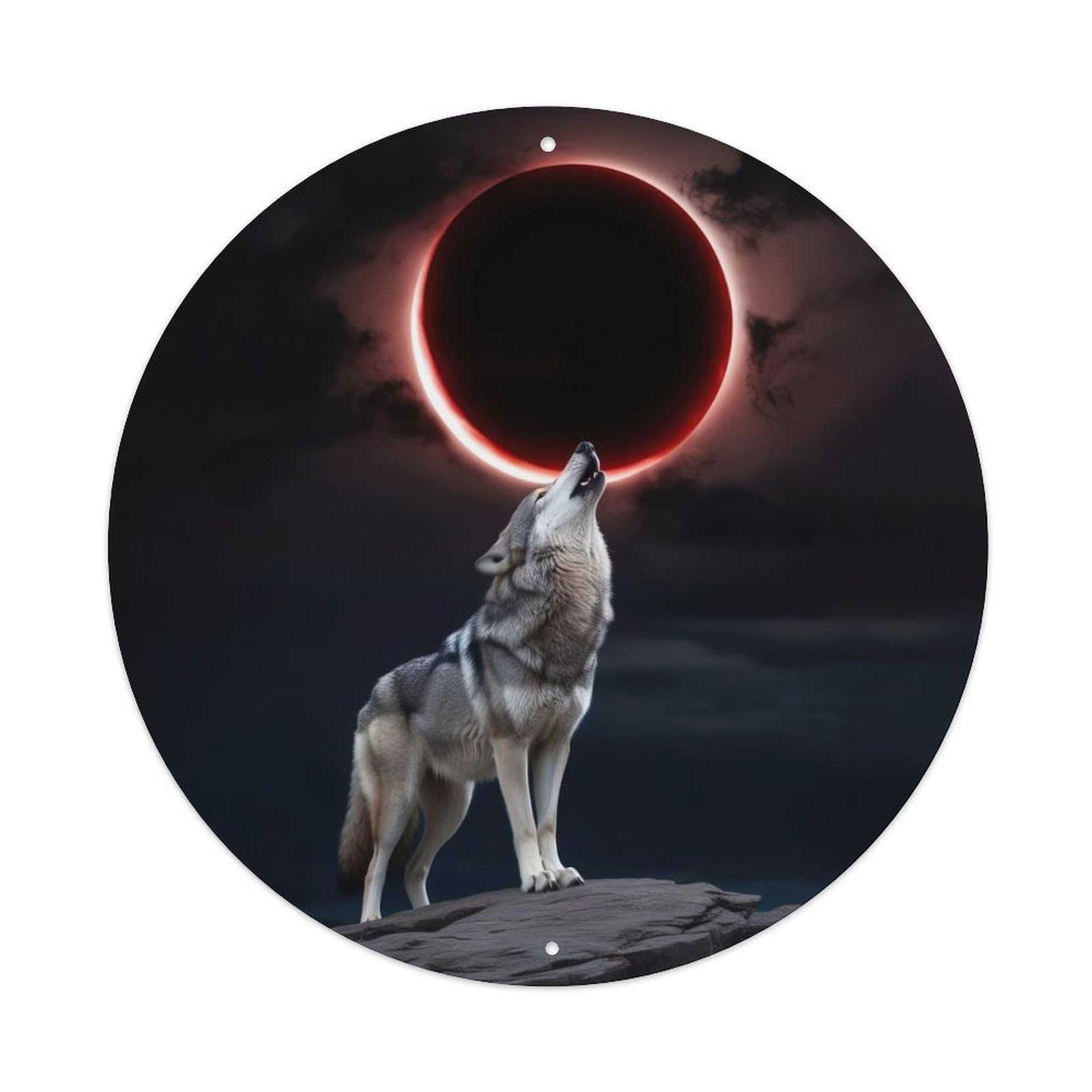 Wolf Howling at Red Solar Eclipse in Dark Sky Fantasy Wildlife Scene Vintage Metal Tin Sign Plaque Wall Decor for Cafe, Club Bar, Office, Garden Metal Poster 8x8Inch
