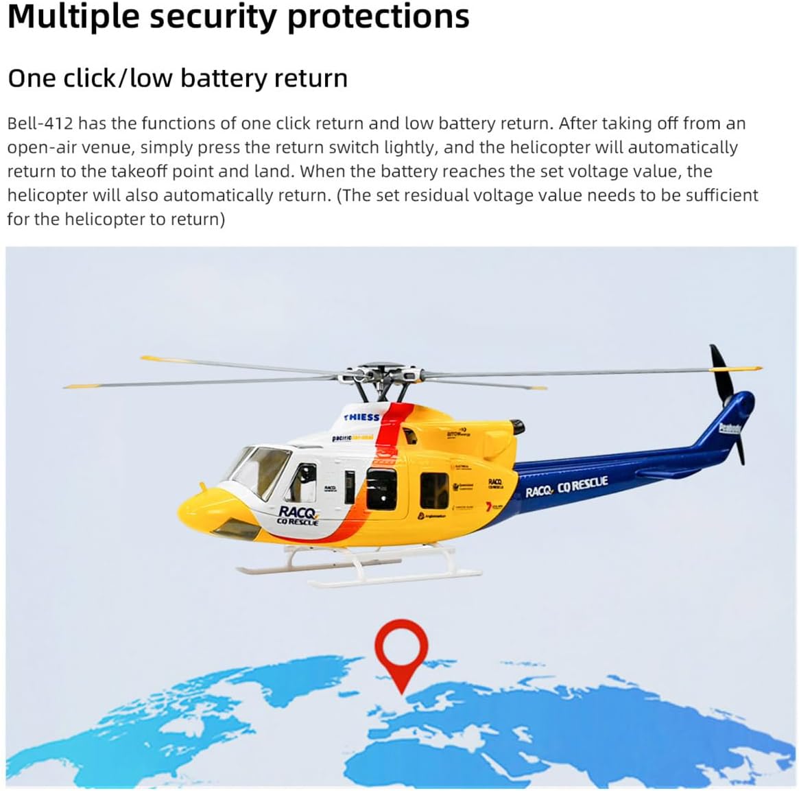 FLYWING BELL-412 RC Helicopter hovering above a map, indicating its GPS positioning and auto-return capabilities.