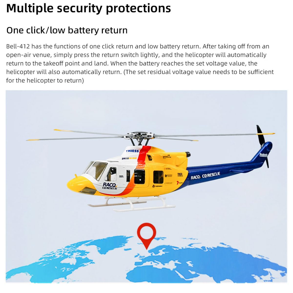FLYWING BELL-412 - Helicóptero RC clase 470 para adultos, avión de 2.4G 6CH con posicionamiento GPS y retorno automático, 4 modos de vuelo para principiantes, vuelo al aire libre/interior, regalo para