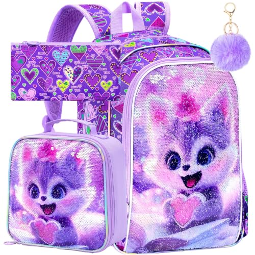 gxtvo Mochila infantil raposa, 3 peças, conjunto de 40,6 cm com lancheira e bolsa de lápis, mochila escolar de lantejoulas resistente à água para crianças - Leitura de raposa, roxa