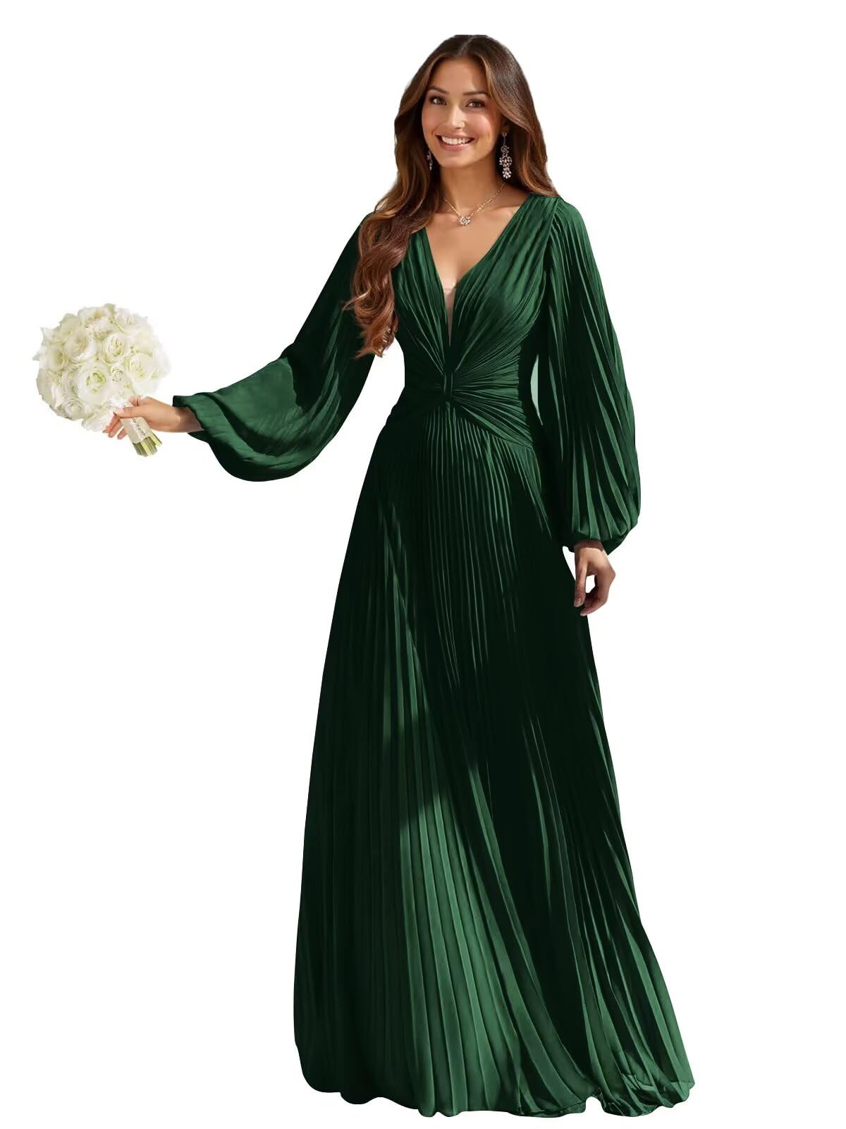 Sevintage Long Bridesmaid Dresses Pleated Formal Wedding Party Guest Dresses with Sleeves