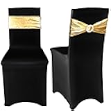 Frienda 100 Pieces Black Chair Cover Stretch Spandex Chair Slipcovers and Stretch Sash with Round Buckle for Graduation Prom Party Banquet Holidays Celebration (Black and Retro Gold)