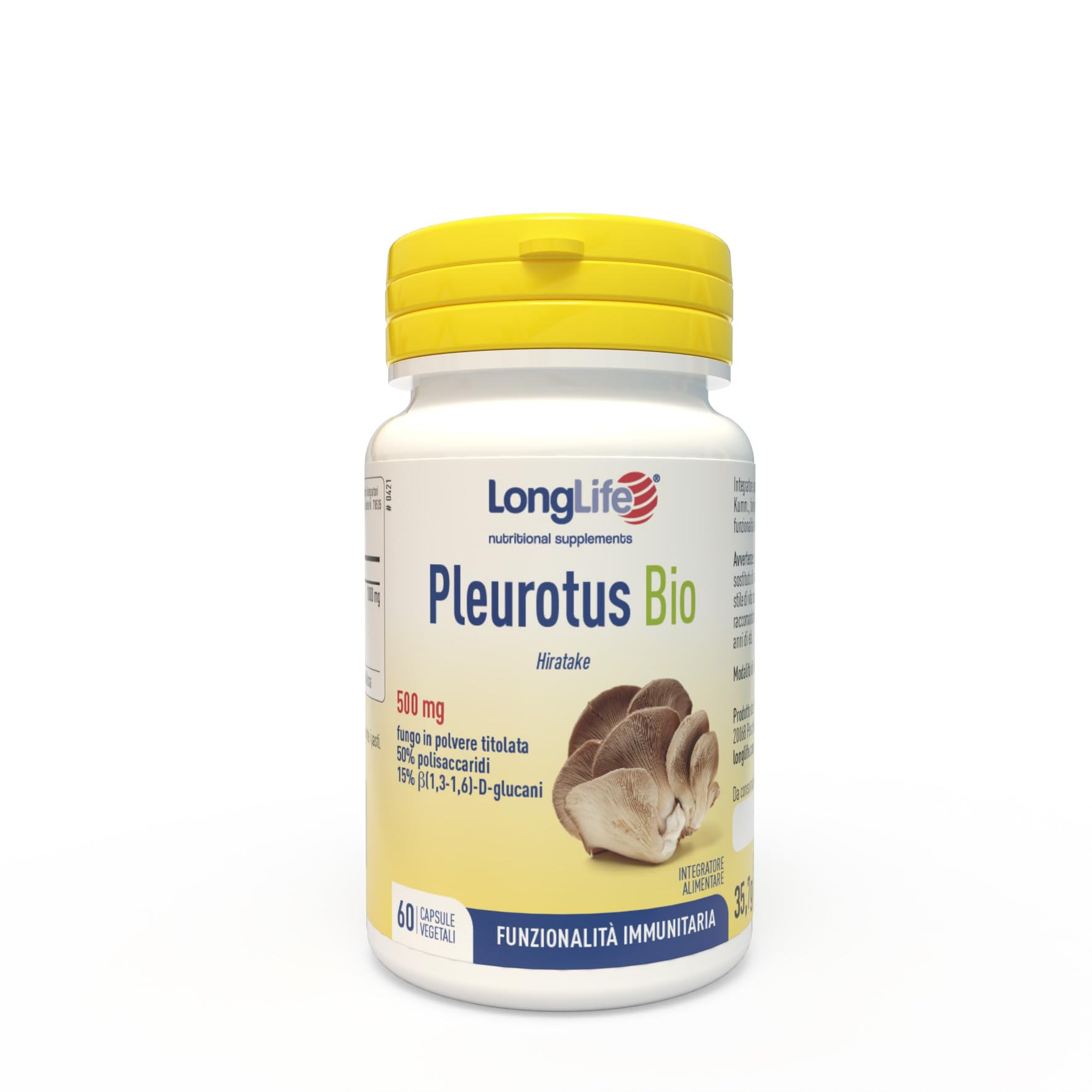 LongLife® Pleurotus Bio | DNA certificato | Titolato al 50% in polisaccaridi e al 15% in β(1,3-1,6)-D-glucani | Difese naturali dell’organismo | 1 mese di trattamento | Vegano e senza glutine