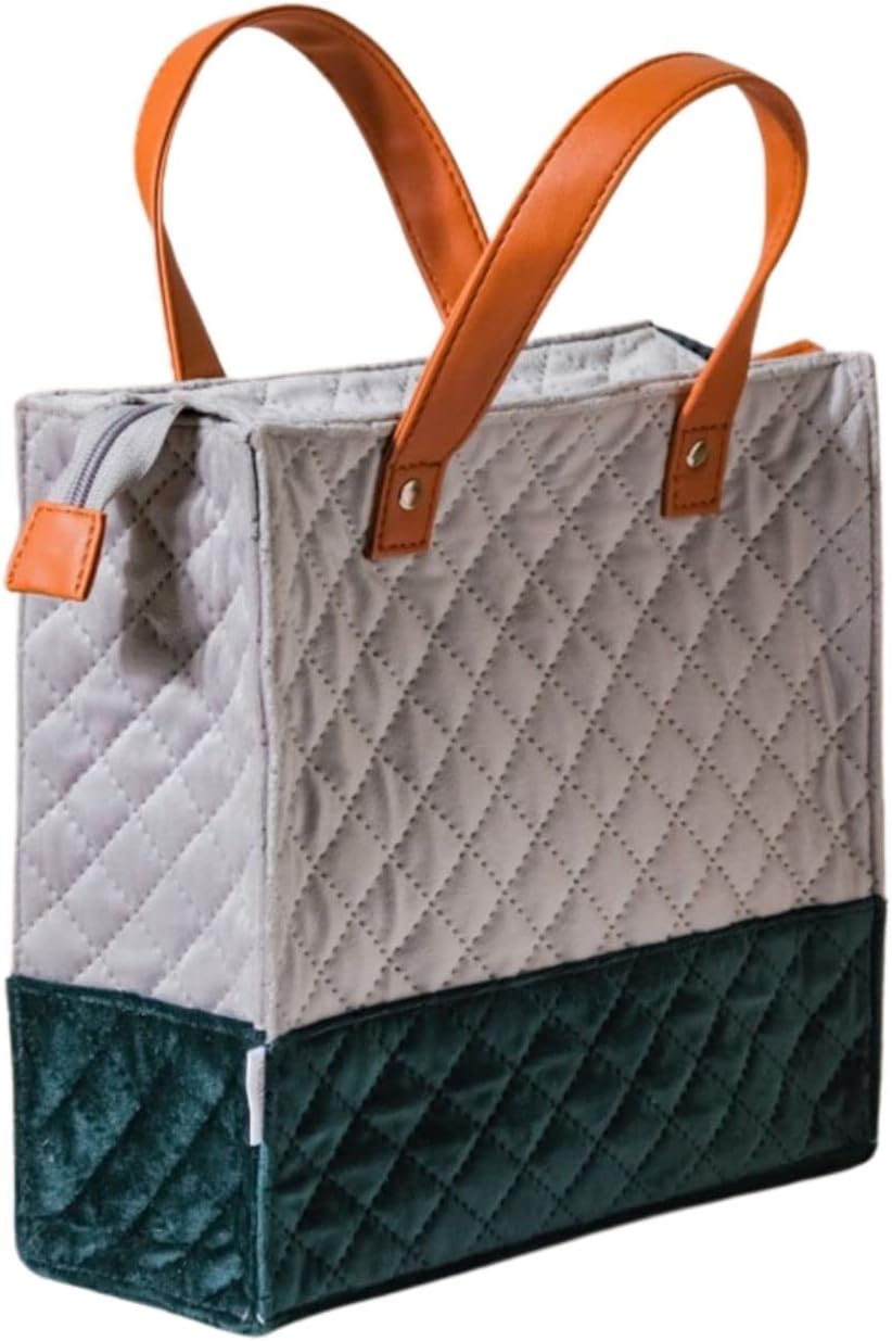 Lunch Bag for Women Office Use - Stylish Velvet Quilted Tiffin Bag, Fits Small 320ml x 3 Lunch Boxes & 700ml Water Bottle, Perfect for Office & Travel (Grey & Green)