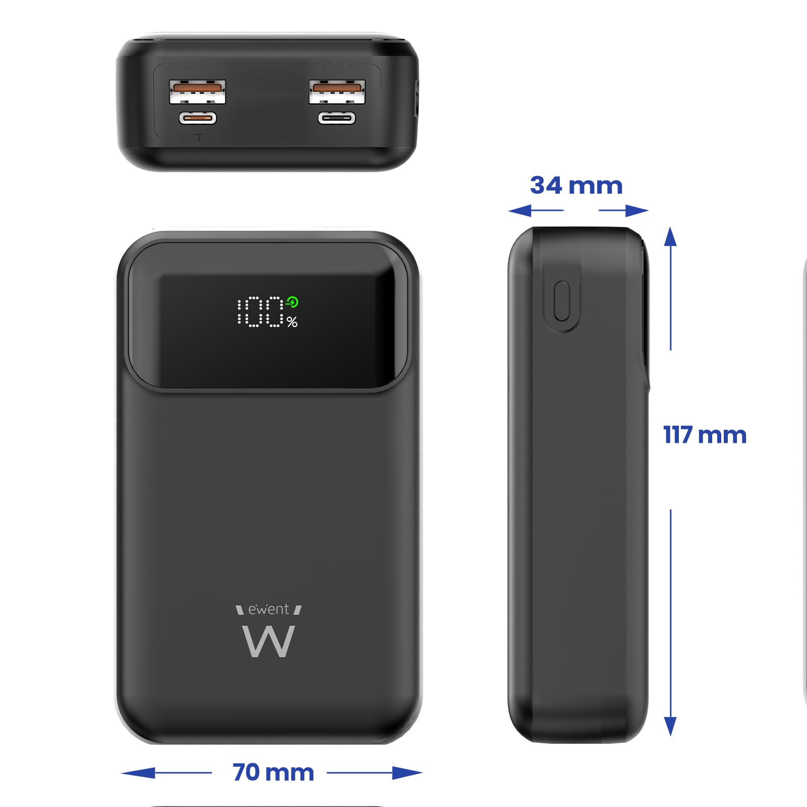 Ewent 65 W Power Bank, 65 W, 20000 mAh, zewnętrzna bateria szybkiego ładowania, przenośna ładowarka USB C wejście i wyjście do MacBooka Pro Steam Deck iPhone 16, 15, 14, 13, 12 Pro Mini MAX, Samsung
