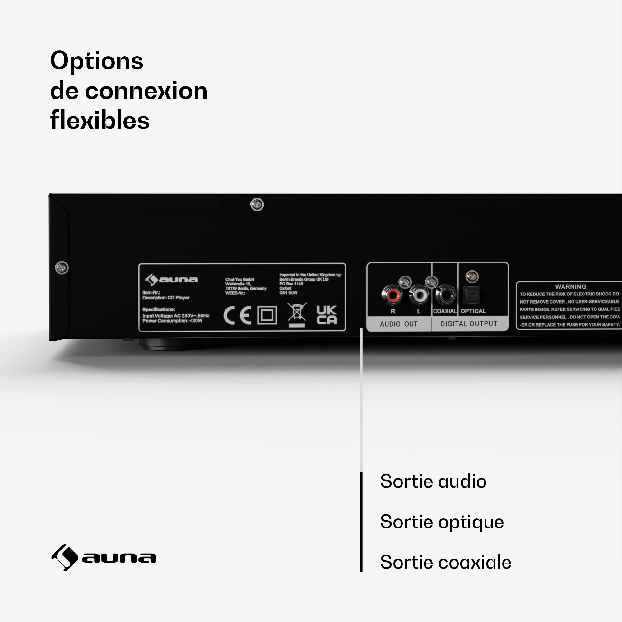 Auna Art22 Lecteur CD Hi-FI avec Lecteur à Fente, Entrée USB, Lecture CD-MP3, Télécommande, Sorties Optiques & Coaxiales – 130W – Noir