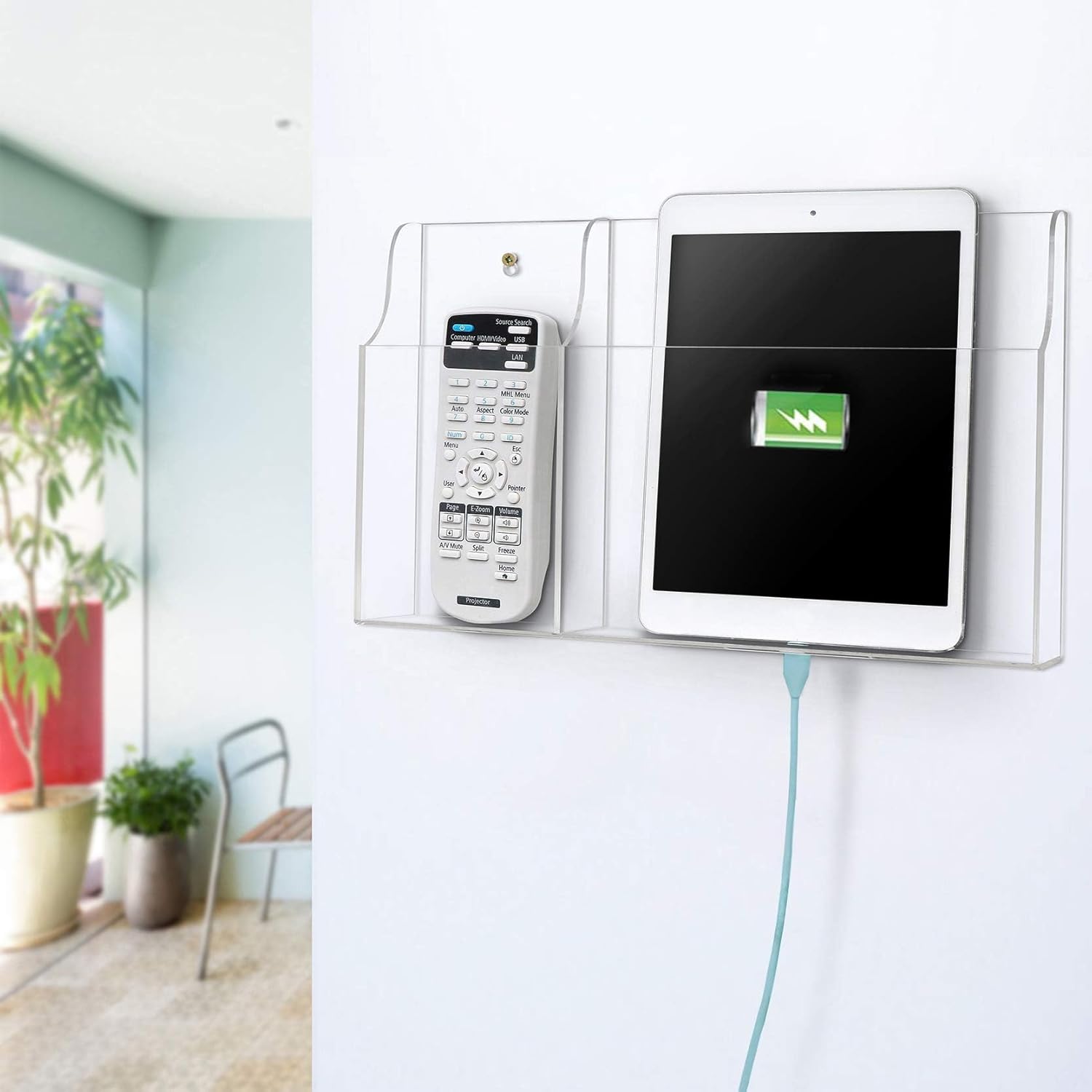 VANCORE Clear Wall Mounted Phone Holder Acrylic Remote Control Holder Media Organizer Caddy with Holes for Charging Phone Tablet Holder (Two Compartments)