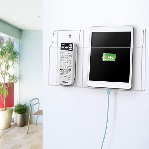 Miniatura 2 de VANCORE Soporte de teléfono transparente montado en la pared, soporte acrílico para control remoto, organizador de medios con agujeros para cargar