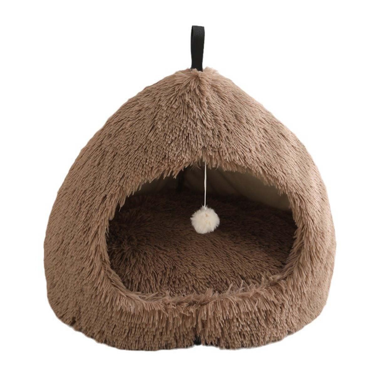 Cat Bed Igloo Cave for Cats Dogs, 2-in-1 Triangle Indoor Pet Tent Fluffy Plush Calming Dog Bed, Cat Nest House with Handle Washable Removable Pillow Cushion (S:45x45x38cm,Brown)