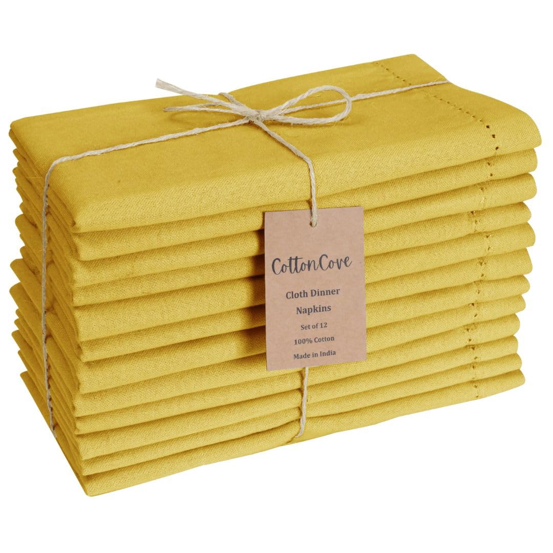CottonCove Hemstitch Cloth Dinner Napkins Cotton Set of 12, Soft Durable Washable