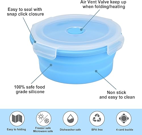 Miniatura 3 de LBTING Recipientes de almacenamiento de alimentos con tapas, paquete de 3 cajas de almuerzo plegables de silicona sin BPA herméticas con sellado al