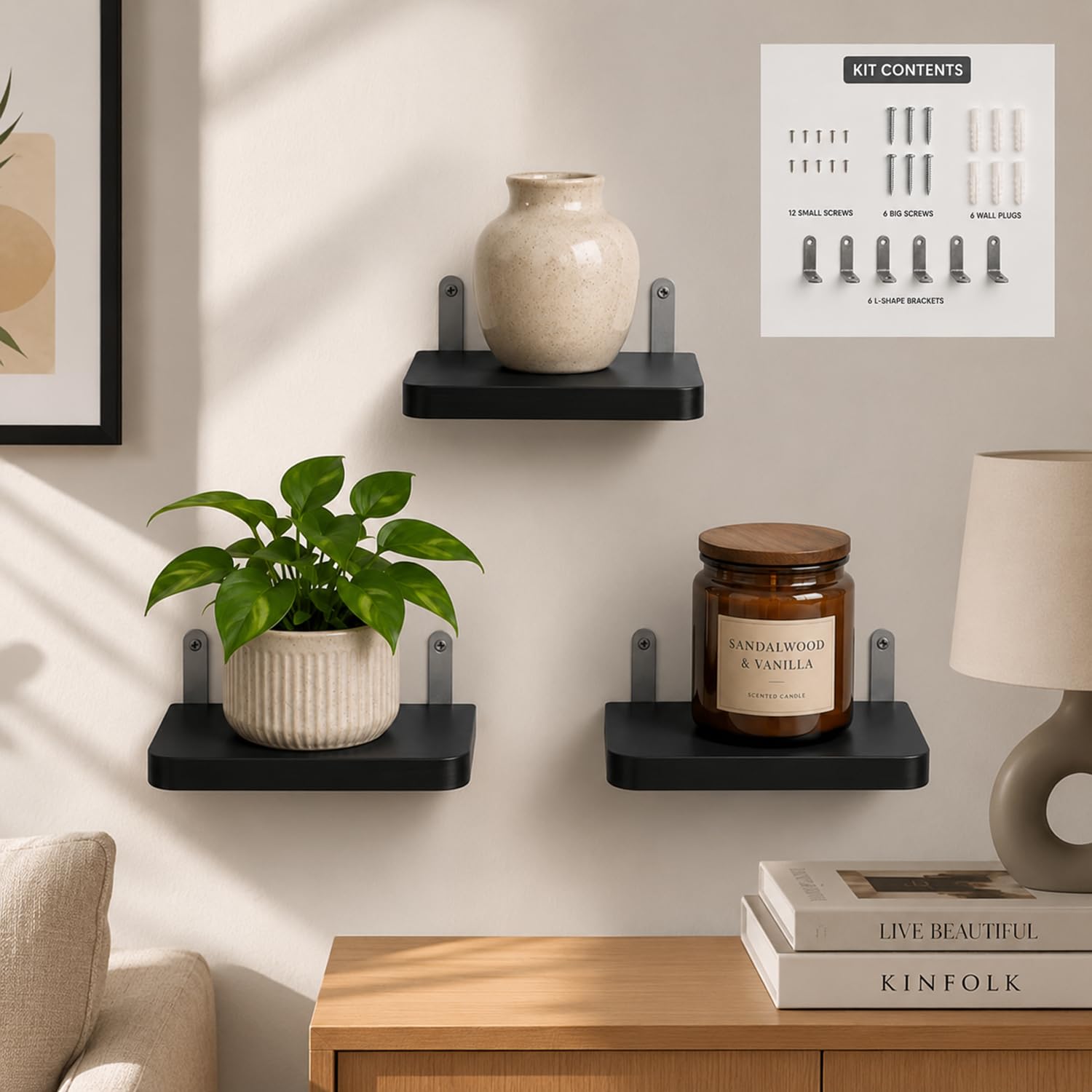 Floating Wall Shelves with Metal Brackets Set of 3 | Engineered Wood Small Floating Shelves for Living Room, Bathroom, Kitchen & Bedroom Décor-image-15