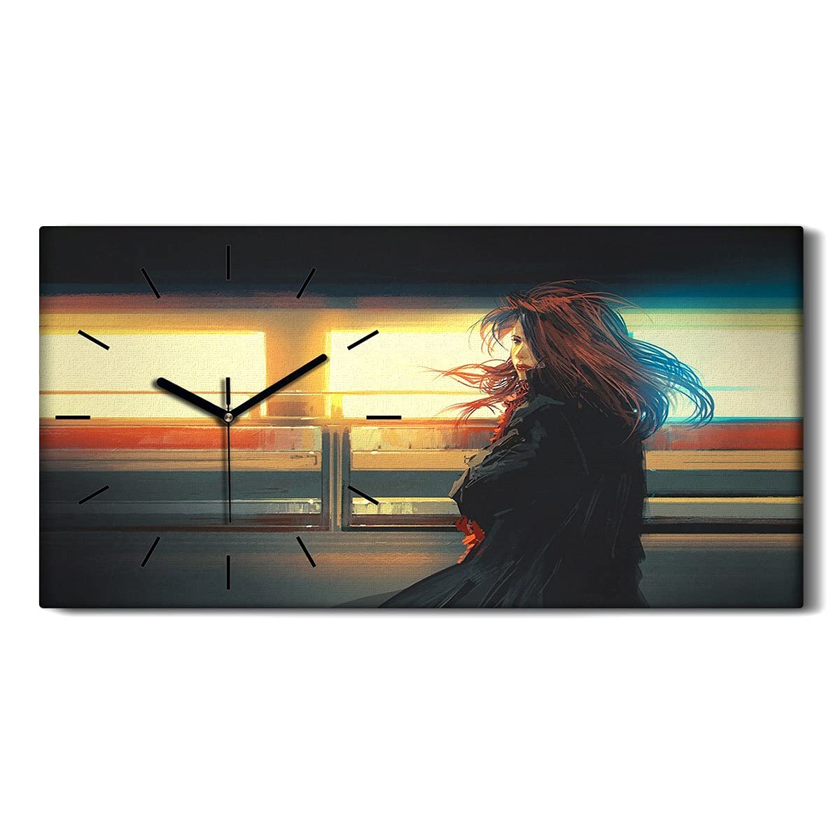 Art Moderne Salon Horloge sur Toile Élégante Mains Noires 60x30cm Décoration