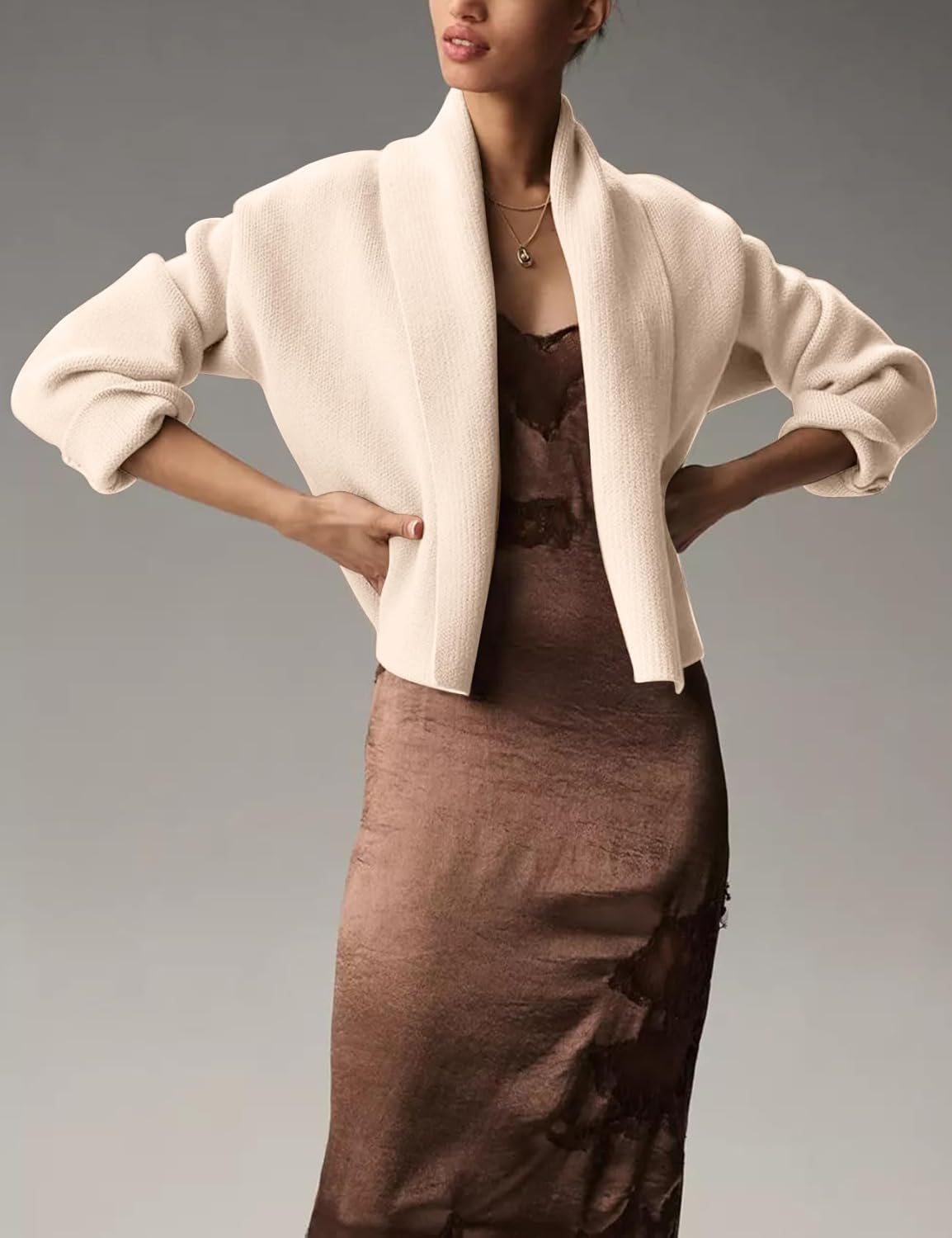 Flygo Women's Cropped Cardigan Sweater Oversized Shawl Lapel 2025 Fall Fashion Open Front Sweater Jacket Knit Outwear - Image 5