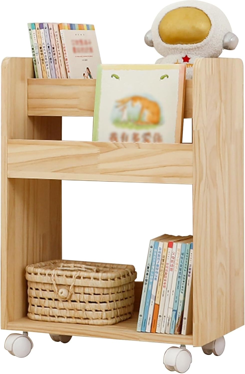 2 Tier Rolling Book Cart, Solid Wood Library Cart with Wheels, Book Rack Storage Bookshelf for Home Shelves Office Classroom(B)