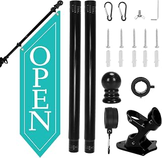 OPEN Flag with Pole Kit - Heavy Duty Canvas Open Banner for Business Storefront, 42x12 Inch Outdoor Double-Sided Sign with Bracket - Advertising Signage for Retail & Shops (Teal)