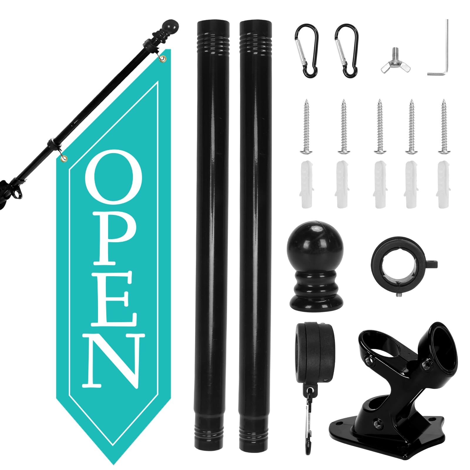 OPEN Flag with Pole Kit - Heavy Duty Canvas Open Banner for Business Storefront, 42x12 Inch Outdoor Double-Sided Sign with Bracket - Advertising Signage for Retail & Shops (Teal)