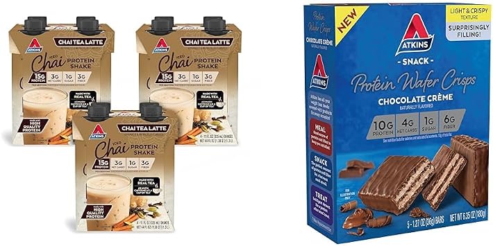 Atkins Chai Tea Latte Protein Shake with 15g Protein & Atkins Chocolate Creme Protein Wafer Crisps with 10g Protein, Low Sugar, Low Carb, Keto Friendly