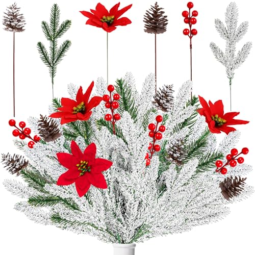 37PCS Christmas Snowy Pine Branches Fake Plants Decorations Artificial Cedar with Faux Poinsettia Flowers Pine Cone Berry Stems Winter Sprays Picks for Crafts Home Holiday Decor