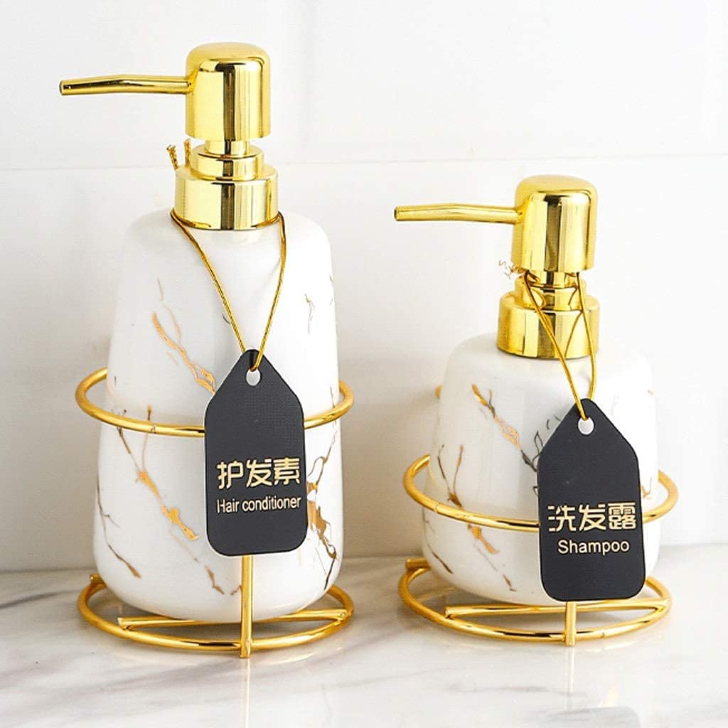 Dispenser di sapone liquido in plastica dorata, confezione da 2 pezzi, con ripiano in acciaio inox, set di dispenser di sapone liquido ricaricabile, per una decorazione elegante del bagno (2